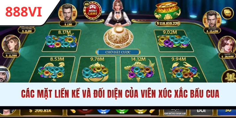 Các mặt liền kề và đối diện của viên xúc xắc bầu cua